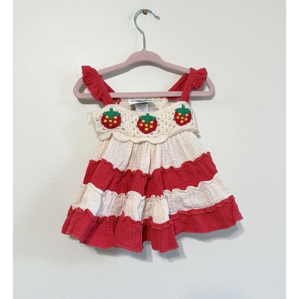 Y2K Strawberry Crochet Baby Dress Rare Editions 6-9 Months Cotton Fruit Summer